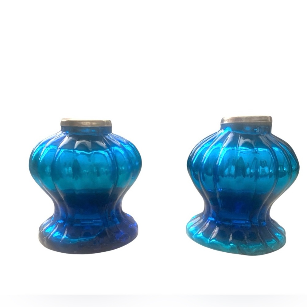 Pair Of Blue Ombre Glass Curved Candleholders Approx 4” Tall